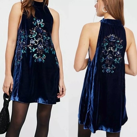 FREE PEOPLE Jills Velvet Sequin Swing Dress Mini Navy High Neck Size XS - Picture 1 of 13